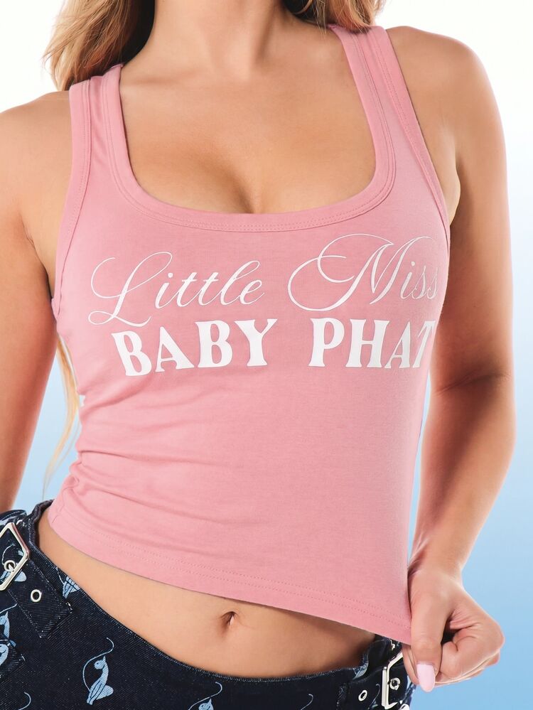 BABYPHAT Débardeur court graphique Little Miss avec col rond et tissu côtelé pour un port décontracté quotidien en été