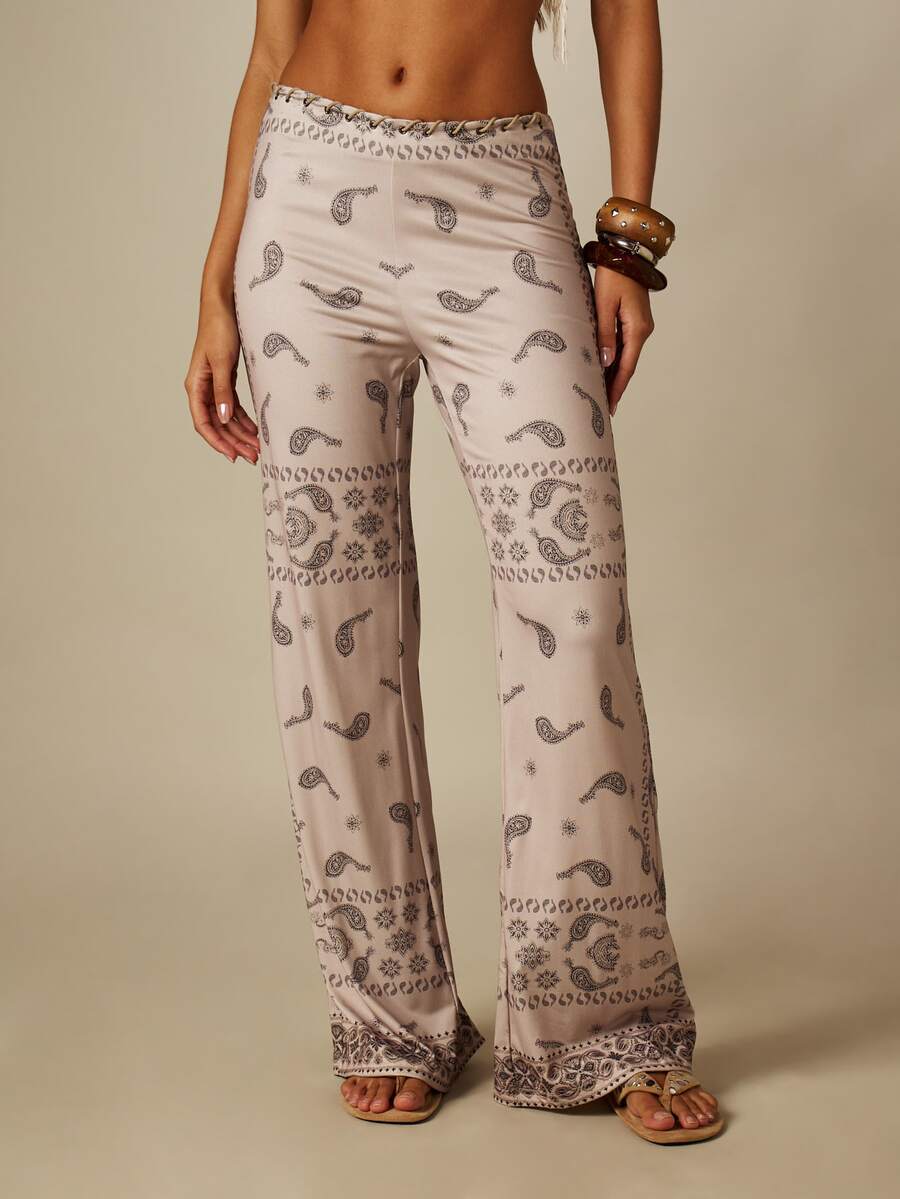 MISSGUIDED Paisley Print Wide Leg Flare Pants With Lace-Up Waist Detail And Boho Border Hem For Summer Festival - Multicolor - View 1