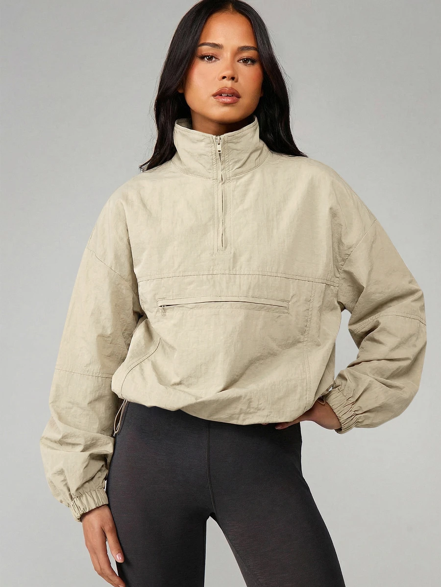 MISSGUIDED 半拉鍊立領防風套頭夾克,附中央口袋與彈性袖口,適合春秋季 - 奶油色 - 查看 1