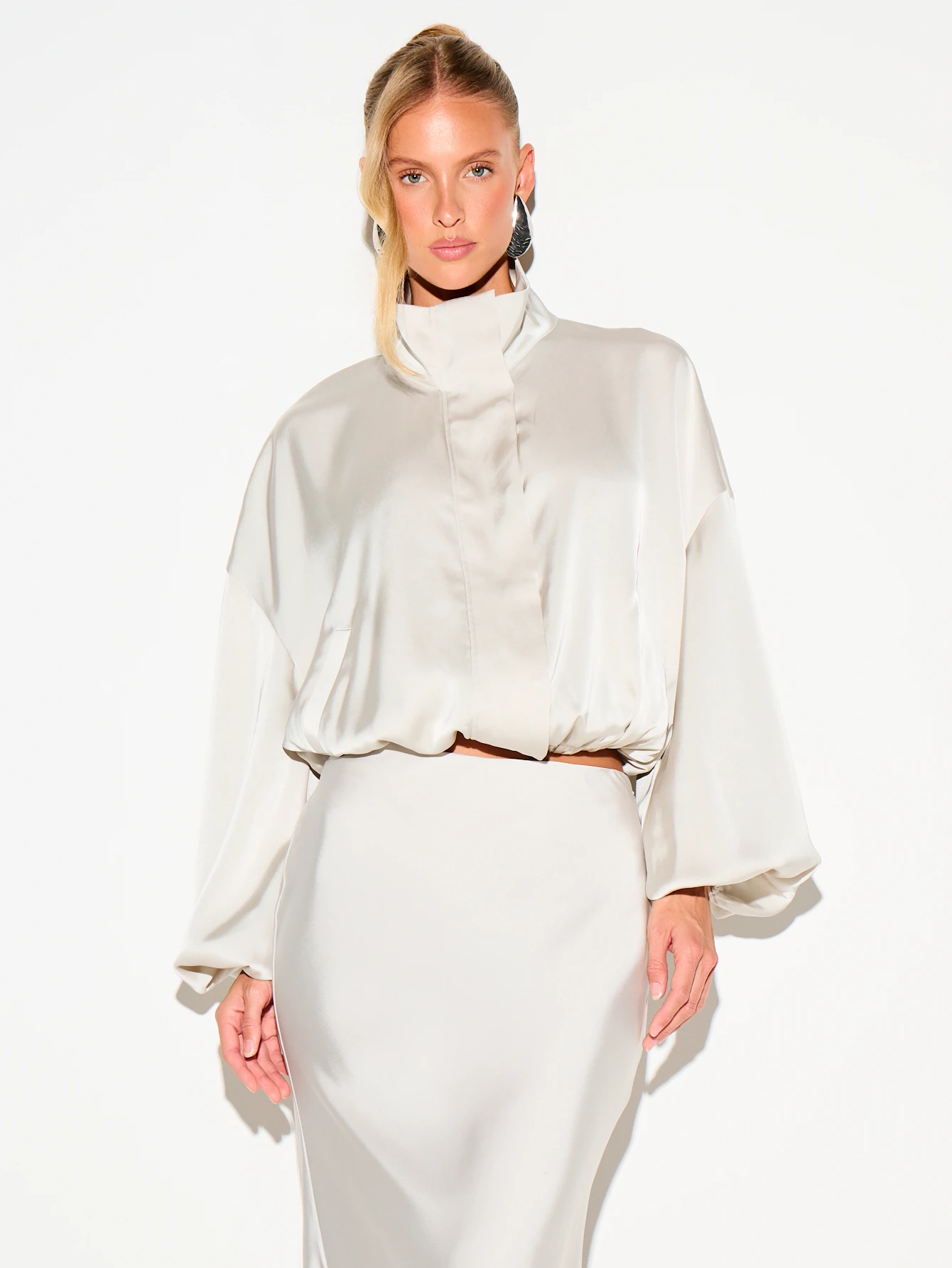 Satin Funnel Neck Jacket With Balloon Sleeves