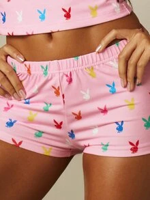 Missguided x Playboy 兔子滿版印花熱褲迷你短褲 彈性腰帶 夏季節慶居家休閒服 - 彩色 - 查看 4