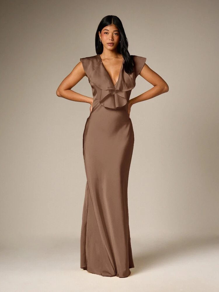 Satin Plunge Ruffle Sleeveless Maxi Dress Wedding Guest Party Occasion Summer