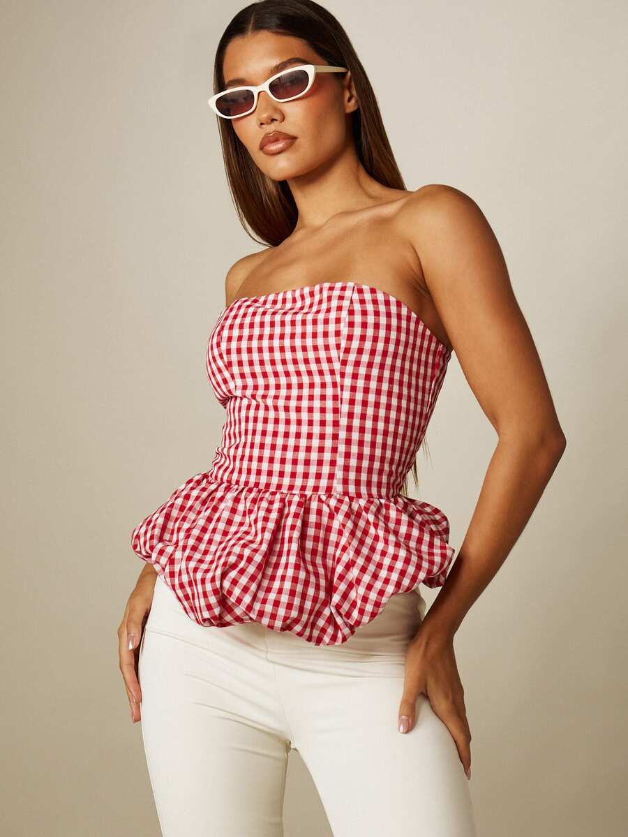 MISSGUIDED Atasan Tanpa Tali Model Bandeau dengan Hem Peplum Gelembung, Gaya Piknik Musim Panas, Atasan Tube Top - MultiWarna - View 1