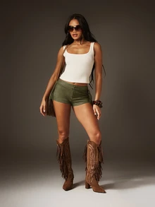 MISSGUIDED PU Micro Mini Shorts Low Rise Fit With Side Fringe Detail Festival Summer Hot Pants - Army Green - View 3