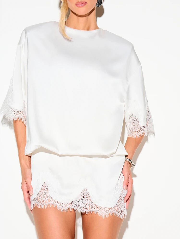 Satin Mini Dress With Lace Trim And Shoulder Pads