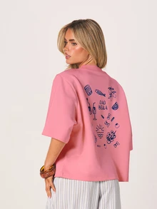 MISSGUIDED Ciao Bella 圖案印花寬鬆短版 T-Shirt，義大利阿瑪菲紀念品背後印花夏季度假上衣 - 粉色 - 查看 4