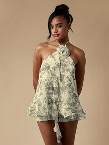 MISSGUIDED Halter Neck Toile De Jouy Print Flowy Cami Top With Rosette Detail And Ruffle Trim Summer Top - Black - View 1