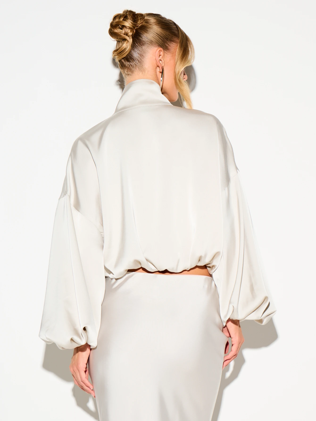Satin Funnel Neck Jacket With Balloon Sleeves
