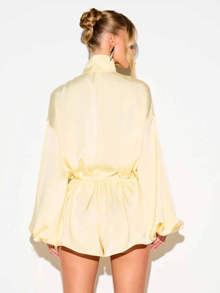 Satin Funnel Neck Romper With Balloon Sleeves