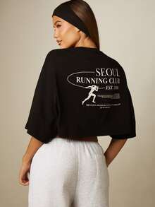 MISSGUIDED Seoul Running Club Est. 2008 Oversized Crop T-Shirt With Graphic Back Print And Chest Logo - Black - View 1