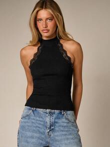 AiiRZ Lace Trim Racer Neck Ribbed Tank Top Sleeveless Halter Cami Fitted Elegant Party Summer Top - Black - View 1