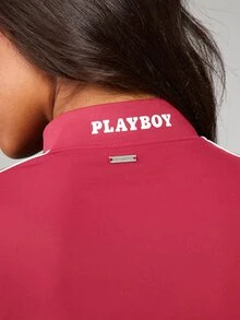 Missguided x Playboy 漏斗領全拉鍊短版上衣與單車短褲運動套裝，配對比滾邊與標誌細節 - 橘紅 - 查看 6