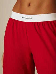 MISSGUIDED Bralette And Wide Leg Trouser Pajama Set With Contrast Tape Detailing And Elasticated Waistband - Burgundy - View 5