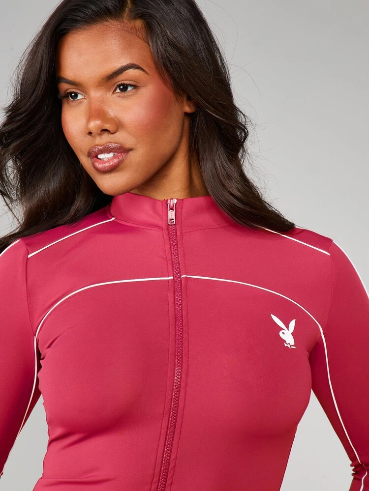 Missguided x Playboy Funnel Neck Full Zip Crop Top And Cycling Shorts Active Set With Contrast Piping Logo Detail