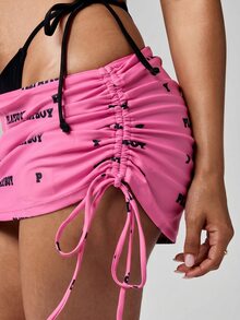Missguided x Playboy Logo AOP 抓皺迷你裙罩衫 可調節側綁繩抽繩 夏季海灘泳裝 - 玫紅色 - 查看 3