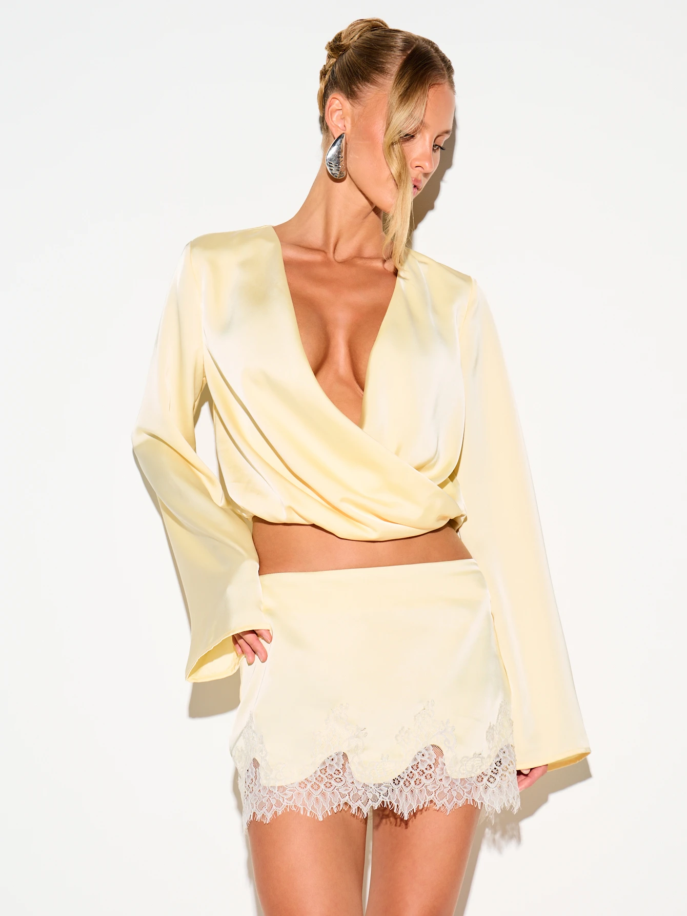 Satin Mini Skirt With Lace Trim Hem