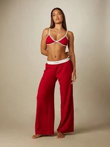 MISSGUIDED Bralette And Wide Leg Trouser Pajama Set With Contrast Tape Detailing And Elasticated Waistband - Burgundy - View 1