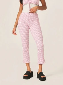 MISSGUIDED Gingham Print Capri Pants With Ruffle Frill Hem High Waist Stretch Summer Cropped Trousers - Pink - View 1