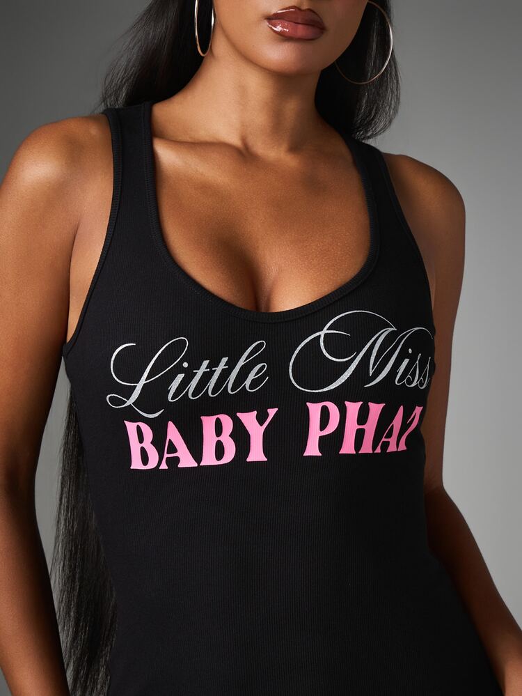 BABYPHAT Little Miss Ribbed Tank Mini Dress With Chest Logo Print Scoop Neck Sleeveless Bodycon Style