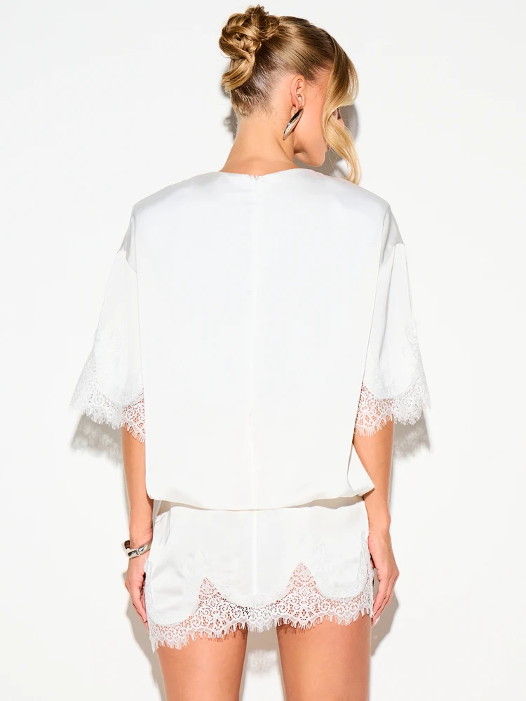 Satin Mini Dress With Lace Trim And Shoulder Pads