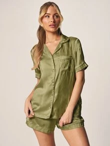 MISSGUIDED 緞面新娘刺繡短袖鈕扣襯衫與短褲睡衣套裝 - 新娘準備時穿的睡衣 - 綠色 - 查看 1
