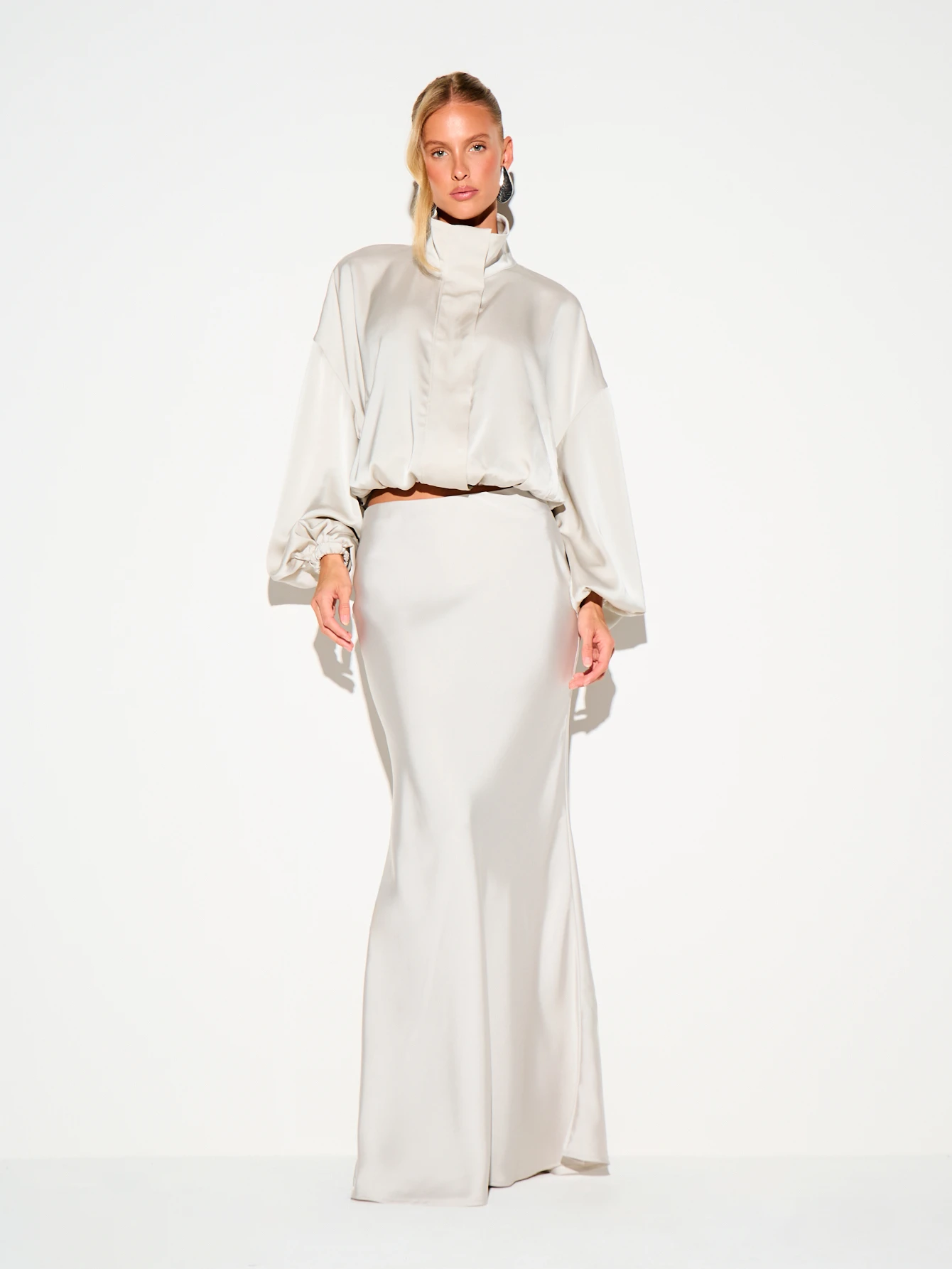 Satin Funnel Neck Jacket With Balloon Sleeves
