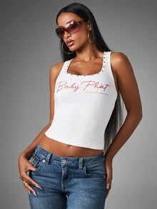 BABYPHAT Top corto de tirantes acanalado con detalle de tachuelas en el cuello y estampado de logotipo con letra cursiva, Cuarto de Julio - Blanco - Ver 5