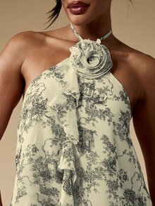 MISSGUIDED Halter Neck Toile De Jouy Print Flowy Cami Top With Rosette Detail And Ruffle Trim Summer Top - Black - View 4