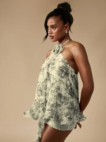 MISSGUIDED Halter Neck Toile De Jouy Print Flowy Cami Top With Rosette Detail And Ruffle Trim Summer Top - Black - View 5
