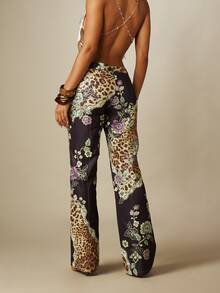 MISSGUIDED Leopard Floral Mixed Print Lace-Up Front Low Rise Flared Pants With Wide Leg Silhouette And Full Length Inseam - Multicolor - View 3