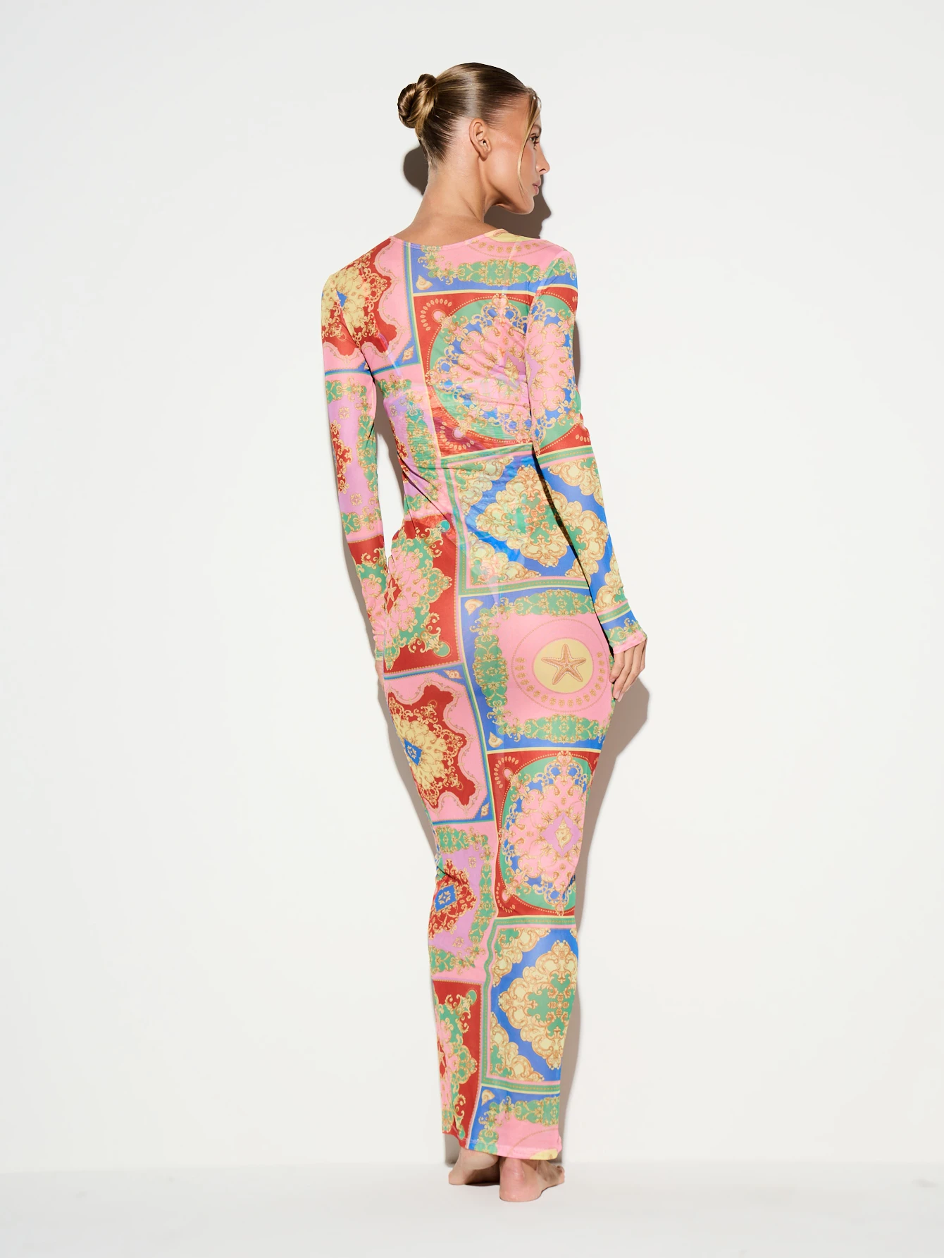 Long Sleeve Baroque Print Mesh Maxi Dress