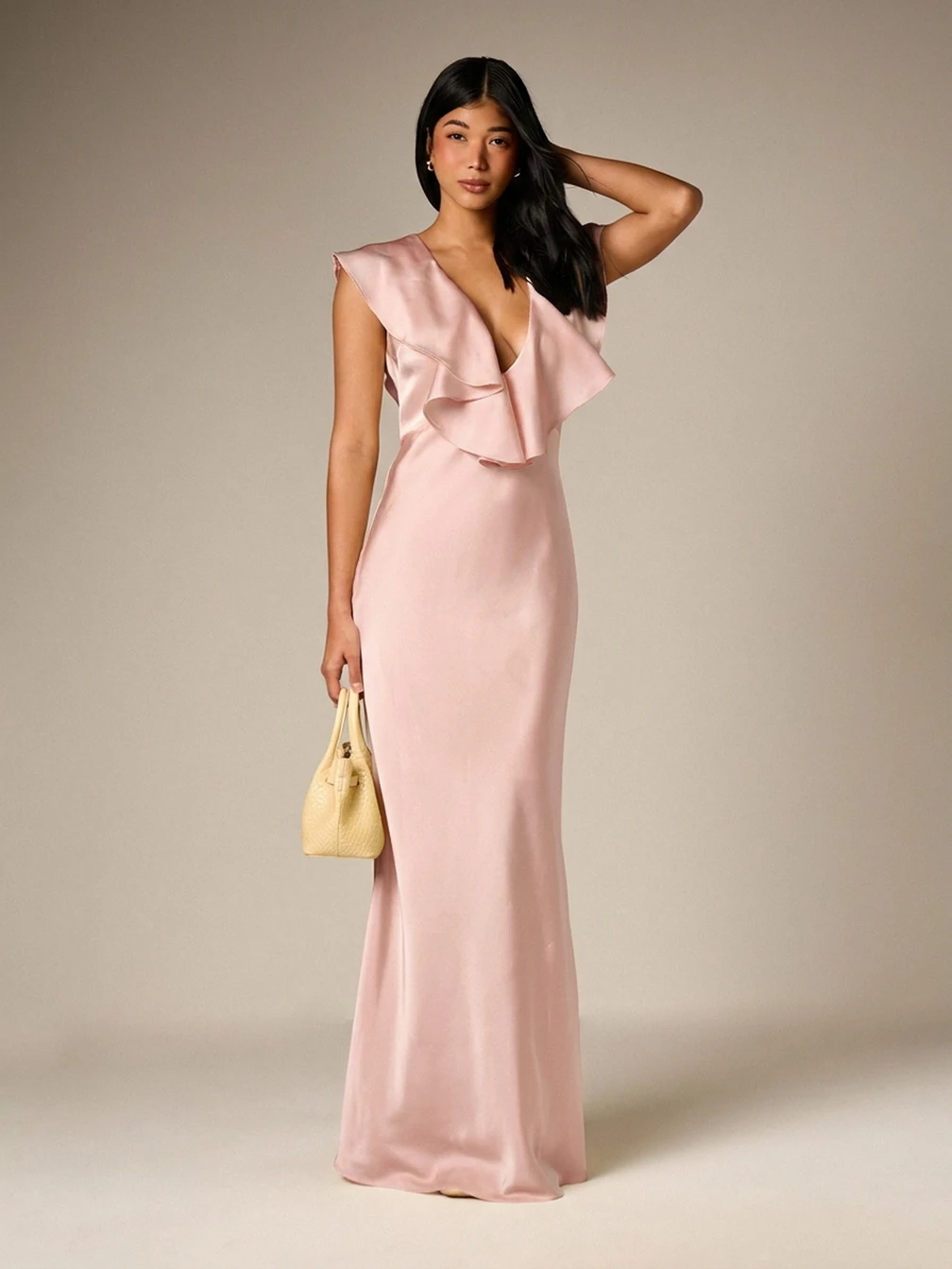 satin ruffle plunge maxi dress Esmerelda Ruffle Open Slit Satin Maxi Dress  Shop American Threads Women's Trendy Online Boutique White / M