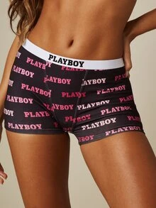 Missguided x Playboy Logo All-Over Print Boyshort Underwear With Branded Elastic Waistband, Cozy Everyday Lounge Short - Multicolor - View 1