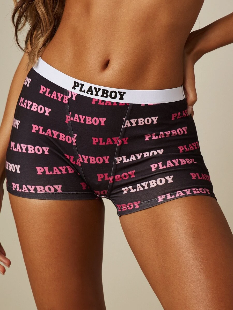 Missguided x Playboy Logo All-Over Print Boyshort Underwear With Branded Elastic Waistband, Cozy Everyday Lounge Short - Multicolor - View 1