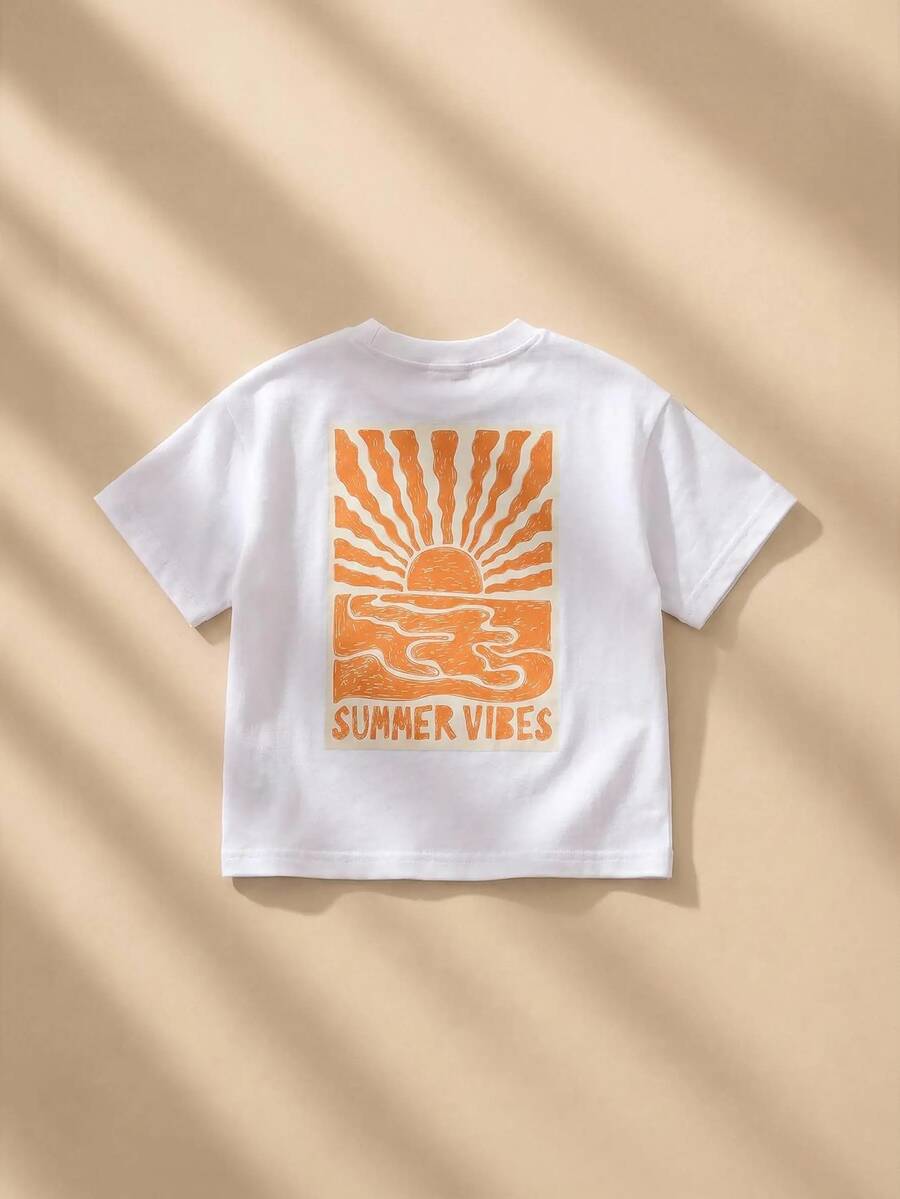 SUMWON Kaos Anak Laki-Laki Lengan Pendek Kerah Bulat dengan Gambar Matahari di Bagian Belakang dan Cetakan Nuansa Musim Panas - Putih - View 1