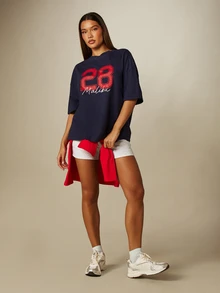MISSGUIDED Oversized Vintage Graphic Tee With Number 28 Print Crew Neck Short Sleeve Drop Shoulder T-Shirt - Navy Blue - View 3