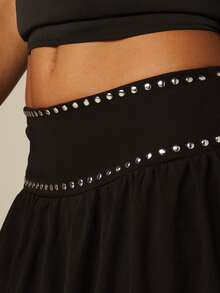 MISSGUIDED Waterfall Mini Skirt With Silver Stud Waist Detail Asymmetric Hem Flowy Ruffle Festival Summer Party - Black - View 5