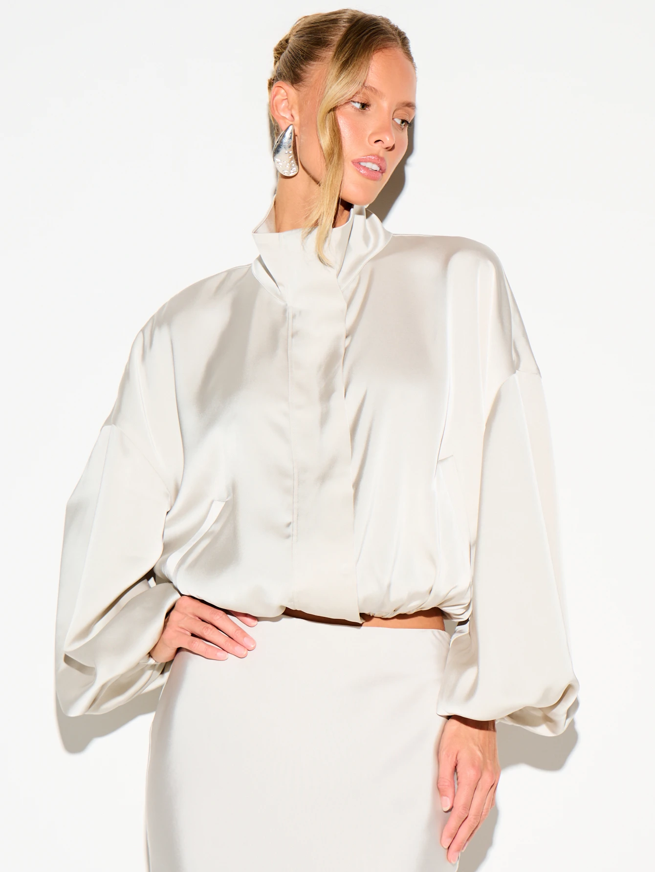 Satin Funnel Neck Jacket With Balloon Sleeves