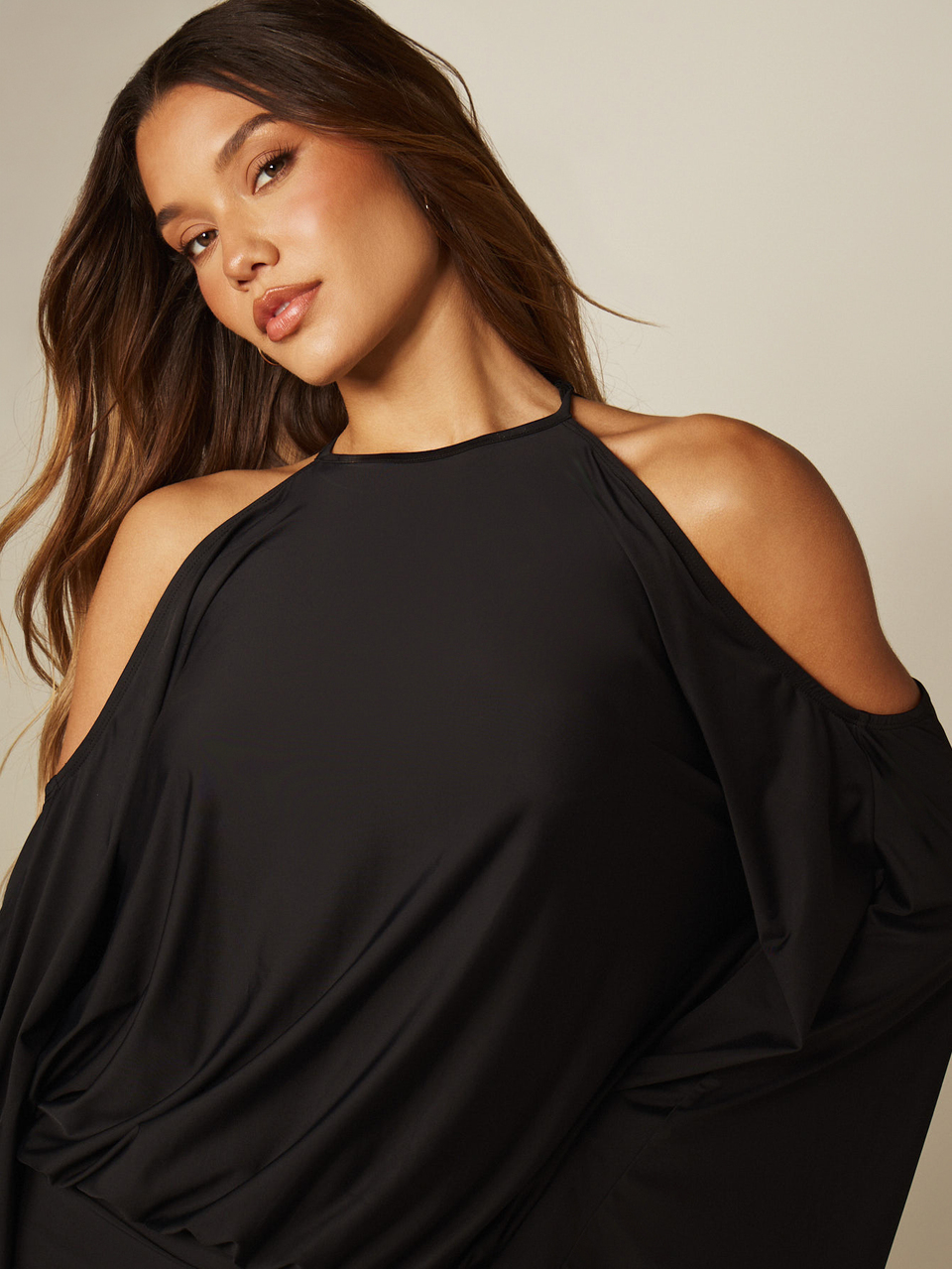 MISSGUIDED Open Back Halter Neck Maxi Dress With Bell Sleeves And Gold Chain Back Detail Formal Evening Gown