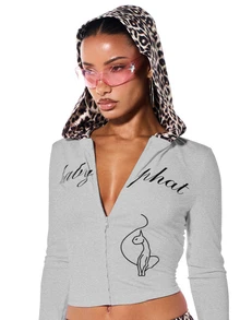 BABYPHAT Sudadera con capucha de jersey con cremallera, capucha con estampado animal de leopardo en contraste y detalle de logotipo con caligrafía - Gris Claro - Ver 6