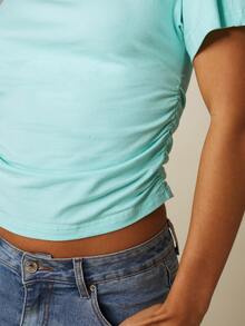 MISSGUIDED Off-Shoulder Cinched Crop Top With Short Sleeves Ruched Sides Summer Casual Streetwear - Mint Blue - View 4