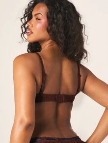 MISSGUIDED Linen Look Bralette With Floral Lace Trim, Adjustable Straps, Square Neckline, Hook Closure - Chocolate Brown - View 2