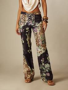 MISSGUIDED Leopard Floral Mixed Print Lace-Up Front Low Rise Flared Pants With Wide Leg Silhouette And Full Length Inseam - Multicolor - View 1