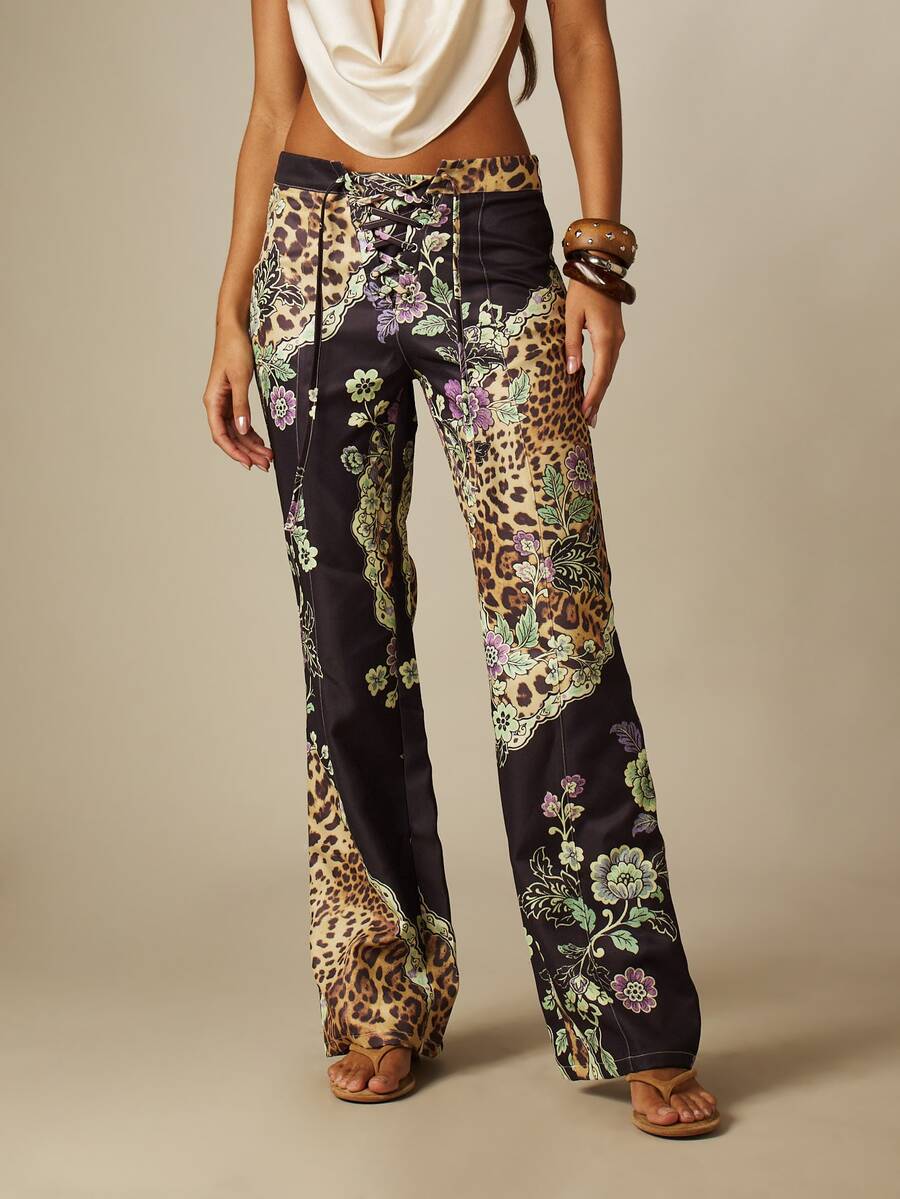 MISSGUIDED Leopard Floral Mixed Print Lace-Up Front Low Rise Flared Pants With Wide Leg Silhouette And Full Length Inseam - Multicolor - View 1