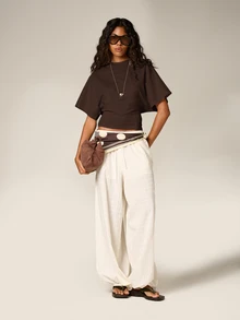 AiiRZ Ruched Cinched Crop T-Shirt With Short Sleeves Round Neck Casual Summer Everyday Top - Brown - View 3