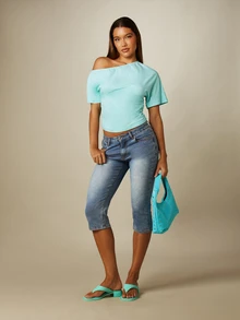 MISSGUIDED Off-Shoulder Cinched Crop Top With Short Sleeves Ruched Sides Summer Casual Streetwear - Mint Blue - View 3
