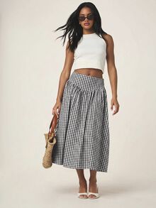 MISSGUIDED Gingham Plaid Midi Skirt High Waist A-Line Flared Gathered Summer Casual Picnic Swing Skirt - Black - View 2