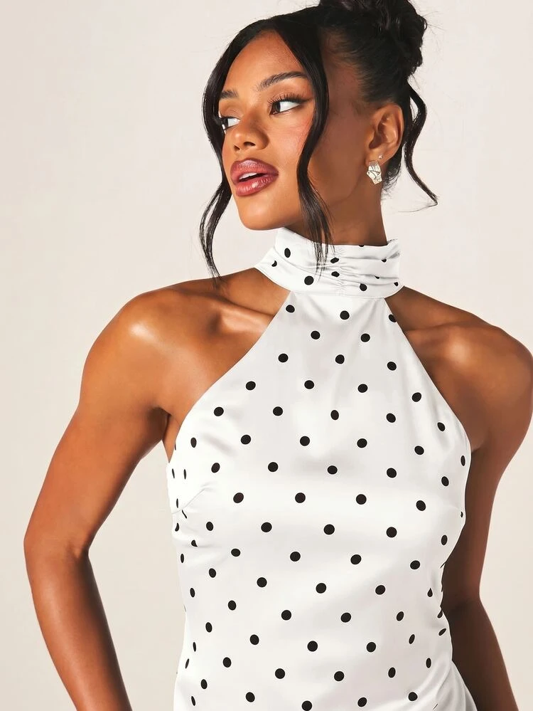 MISSGUIDED Satin Halter Mini Dress With Polka Dot Print Open Back And High Neck For Party Summer Night Out