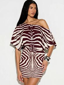 KIZN Zebra Print Off-Shoulder Mini Dress With Cinched Waist And Batwing Sleeves For Summer Nights Out - Burgundy - View 1