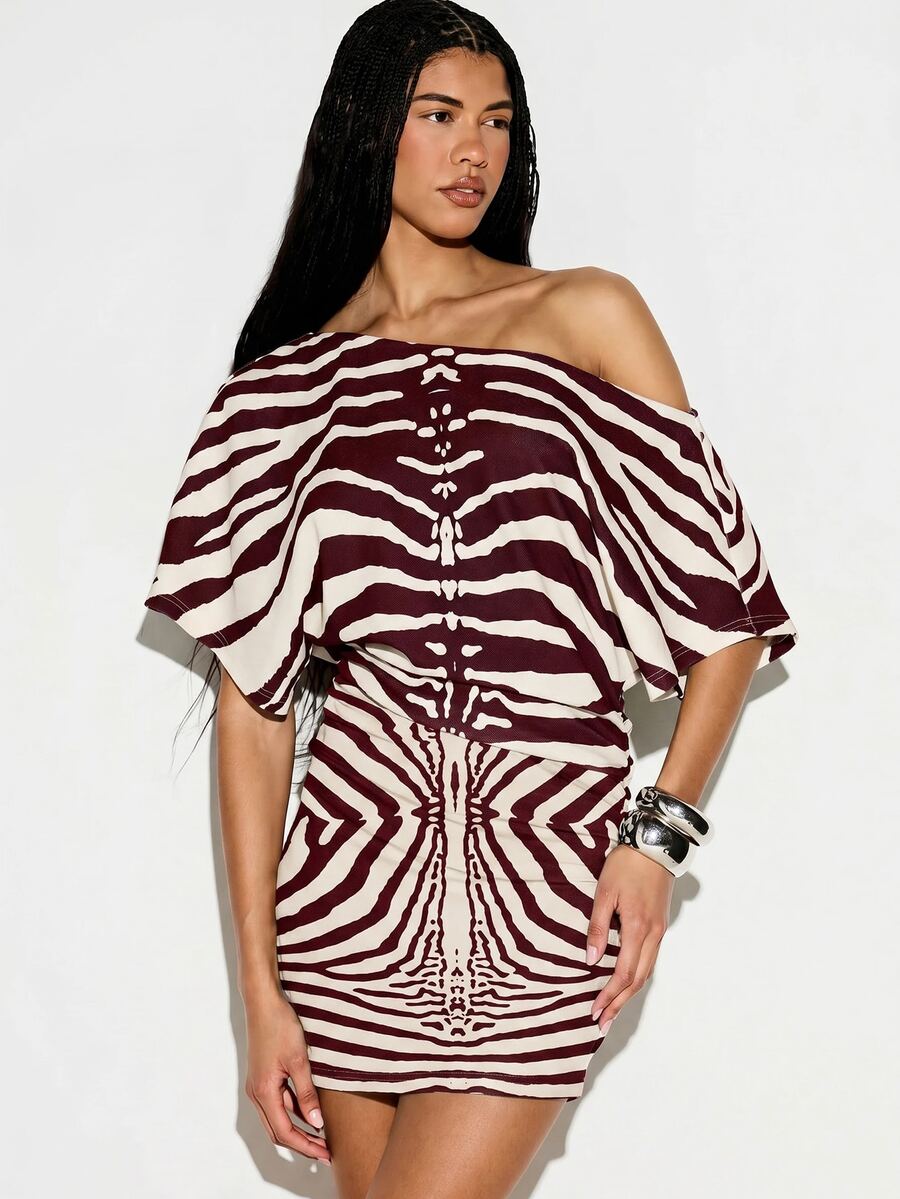 KIZN Zebra Print Off-Shoulder Mini Dress With Cinched Waist And Batwing Sleeves For Summer Nights Out - Burgundy - View 1